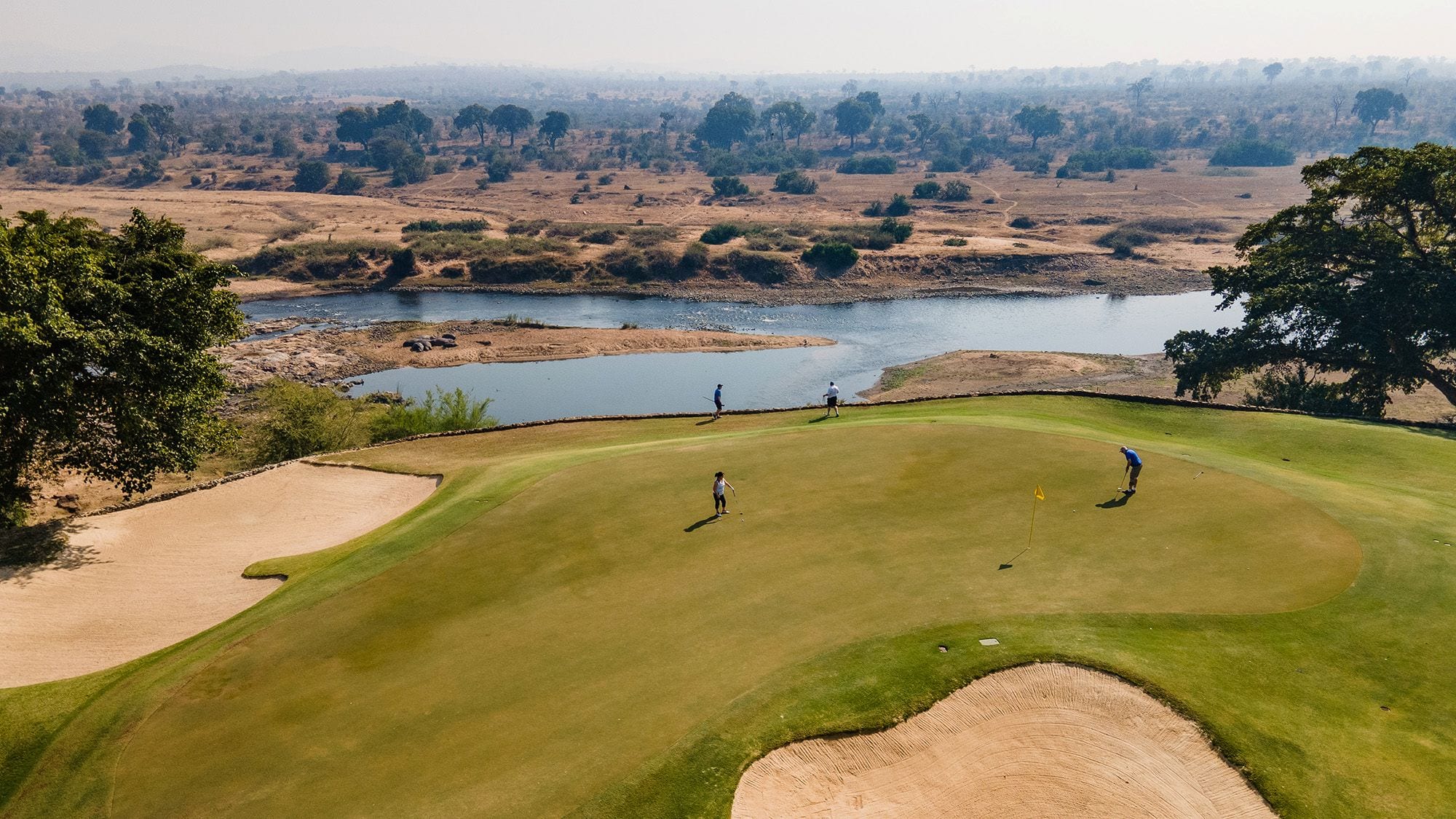 Leopard Creek island-green 18th below the colonial clubhouse