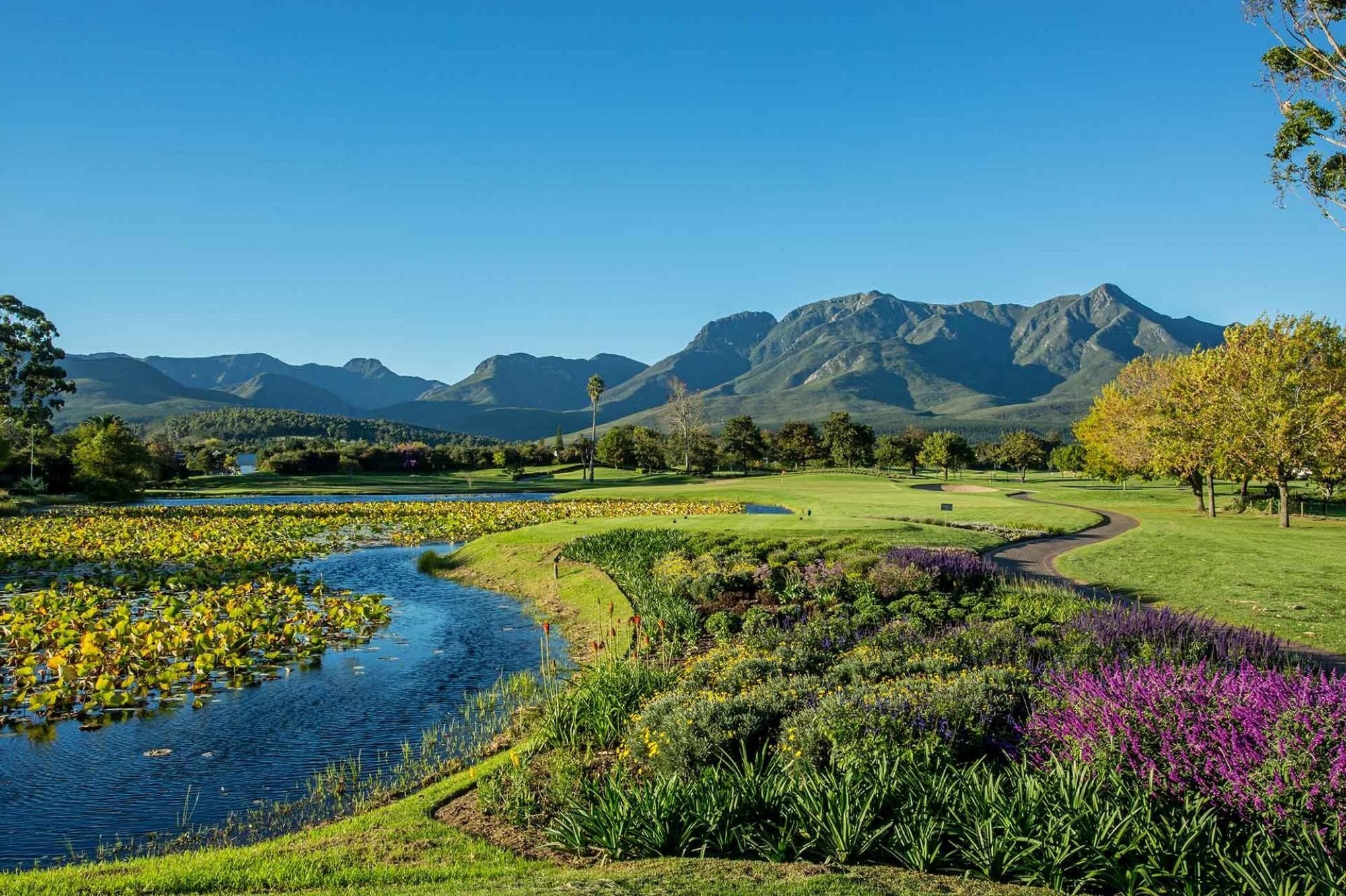Fancourt resort fairways rolling toward the Outeniqua mountains